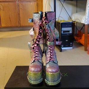 Club EXXX rainbow glitter platform knee high boots